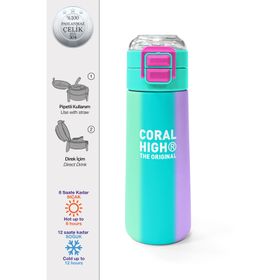 Coral High 500 ml 31844 Kids Renkli Çizgili Pipetli Çelik Termos
