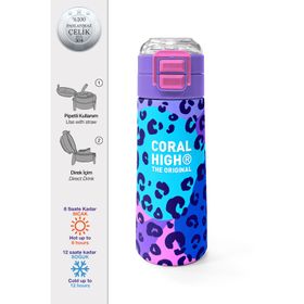 Coral High 500 ml 31846 Kids Mor Leopar Desenli Pipetli Çelik Termos