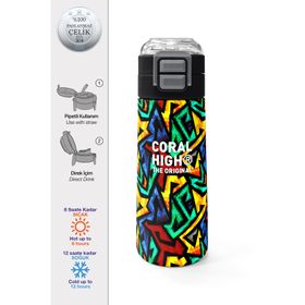Coral High 500 ml 31847 Kids Siyah Grafiti Desenli Pipetli Çelik Termos