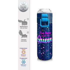 Coral High 500 ml 31848 Kids Çok Renkli Lacivert Desenli Pipetli ve Direkt İçim Çelik Termos