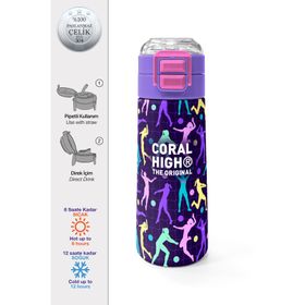 Coral High 500 ml 31849 Kids Mor Voleybol Desenli Pipetli Çelik Termos