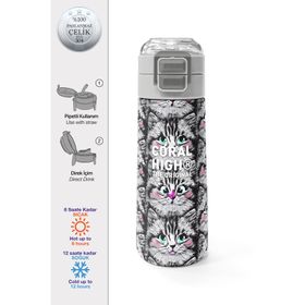Coral High 500 ml 31851 Kids Gri Kedi Desenli Pipetli ve Direkt İçim Çelik Termos
