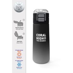 Coral High 500 ml 31853 Kids Siyah Gri Gamer Desenli Pipetli Çelik Termos