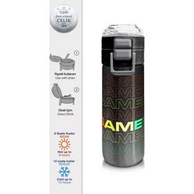 Coral High 500 ml 31853 Kids Siyah Gri Gamer Desenli Pipetli Çelik Termos