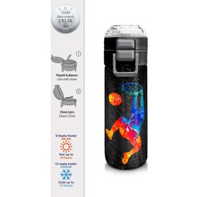 Coral High 500 ml 31856 Kids Gri Basketbol Desenli Pipetli ve Direkt İçim Çelik Termos