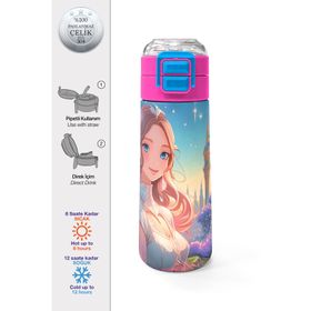 Coral High 500 ml 31858 Kids Turkuaz Pembe Anime Kız Desenli Pipetli Çelik Termos