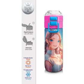 Coral High 500 ml 31858 Kids Turkuaz Pembe Anime Kız Desenli Pipetli Çelik Termos