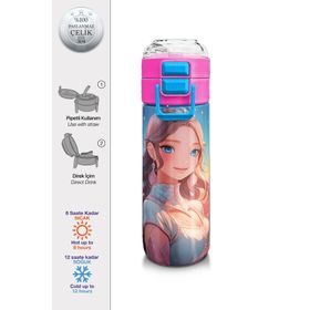 Coral High 500 ml 31858 Kids Turkuaz Pembe Anime Kız Desenli Pipetli Çelik Termos