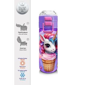 Coral High 500 ml 31859 Kids Mor Pembe Unicorn Dondurma Desenli Pipetli Çelik Termos