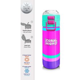 Coral High 500 ml 31864 Kids Çok Renkli Pipetli ve Direkt İçim Çelik Termos