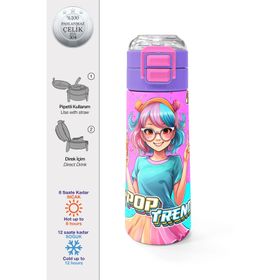 Coral High 500 ml 31865 Kids Pembe Turkuaz K-Pop Desenli Pipetli Çelik Termos