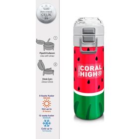 Coral High 500 ml 31866 Kids Kırmızı Yeşil Karpuz Desenli Pipetli Çelik Termos