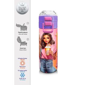 Coral High 500 ml 31869 Kids Pembe Mercan Fashion Girl Desenli Pipetli Çelik Termos
