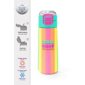 Coral High 500 ml 31873 Kids Renkli Çizgili Desenli Pipetli Çelik Termos