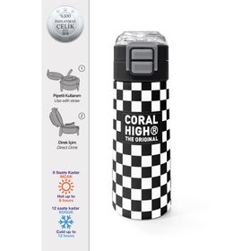 Coral High 500 ml 31877 Kids Siyah Beyaz Dama Desenli Pipetli Çelik Termos