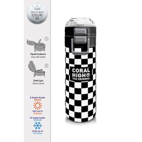 Coral High 500 ml 31877 Kids Siyah Beyaz Dama Desenli Pipetli Çelik Termos