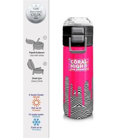 Coral High 500 ml 31878 Kids Pembe Siyah Beyaz Desenli Pipetli ve Direkt İçim Çelik Termos