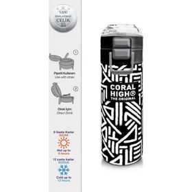Coral High 500 ml 31882 Kids Siyah Beyaz Geometrik Desenli Pipetli Çelik Termos