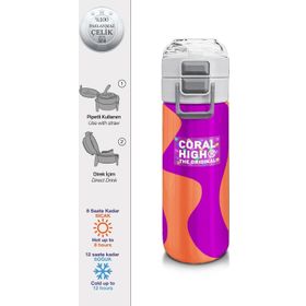 Coral High 500 ml 31884 Kids Koyu Pembe Turuncu Desenli Pipetli Çelik Termos