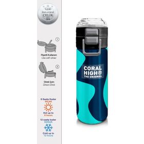 Coral High 500 ml 31886 Kids Lacivert Turkuaz Desenli Pipetli Çelik Termos