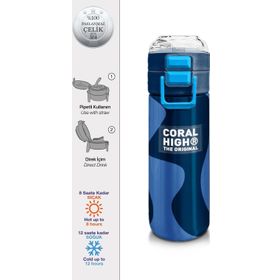 Coral High 500 ml 31888 Kids Lacivert Mavi Desenli Pipetli Çelik Termos