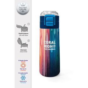 Coral High 500 ml 31890 Kids Lacivert Renkli Çizgili Desenli Pipetli Çelik Termos