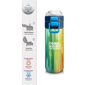 Coral High 500 ml 31890 Kids Lacivert Renkli Çizgili Desenli Pipetli Çelik Termos
