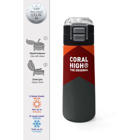 Coral High 500 ml 31892 Kids Turuncu Bordo Desenli Pipetli Çelik Termos