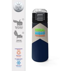 Coral High 500 ml 31893 Kids Lacivert Koyu Gri Bej Desenli Pipetli Çelik Termos