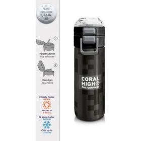 Coral High 500 ml 31894 Kids Siyah Blok Desenli Pipetli Çelik Termos