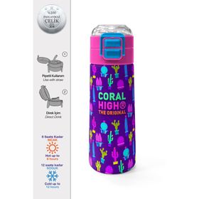 Coral High 500 ml 31899 Kids Mor Pembe Kaktüs Desenli Pipetli Çelik Termos
