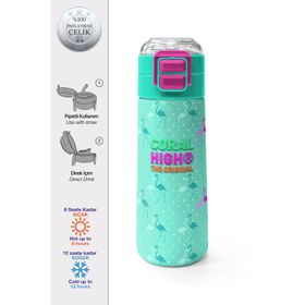 Coral High 500 ml 31904 Kids Su Yeşili Neon Pembe Flamingo Desenli Pipetli Çelik Termos