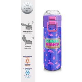 Coral High 500 ml 31905 Kids Lavanta Pembe Flamingo Desenli Pipetli Çelik Termos