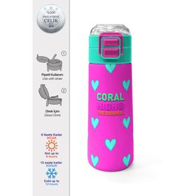 Coral High 500 ml 31906 Kids Neon Pembe Su Yeşili Kalp Desenli Pipetli Çelik Termos