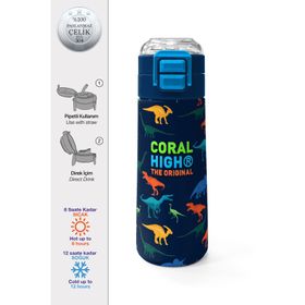 Coral High 500 ml 31907 Kids Lacivert Mavi Dinozor Desenli Pipetli Çelik Termos