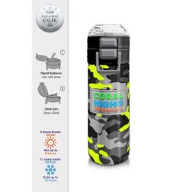 Coral High 500 ml 31909 Kids Siyah Gri Kamuflaj Desenli Pipetli Çelik Termos