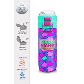Coral High 500 ml 31910 Kids Lavanta Pembe Kalp Desenli Pipetli Çelik Termos