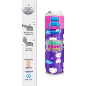 Coral High 500 ml 31911 Kids Mor Pembe Kedi Desenli Pipetli Çelik Termos