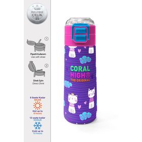 Coral High 500 ml 31911 Kids Mor Pembe Kedi Desenli Pipetli Çelik Termos