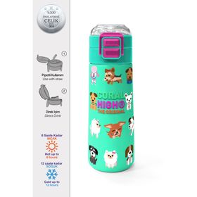 Coral High 500 ml 31913 Kids Su Yeşili Neon Pembe Köpek Desenli Pipetli Çelik Termos