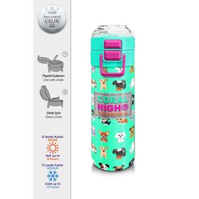 Coral High 500 ml 31913 Kids Su Yeşili Neon Pembe Köpek Desenli Pipetli Çelik Termos