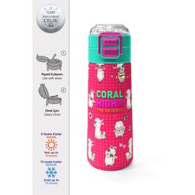 Coral High 500 ml 31914 Kids Neon Mercan Suyeşili Alpaka Desenli Pipetli Çelik Termos