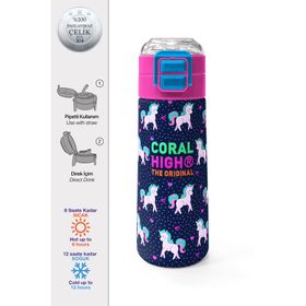Coral High 500 ml 31915 Kids Lacivert Pembe Unicorn Desenli Pipetli Çelik Termos
