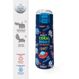 Coral High 500 ml 31917 Kids Lacivert Mavi Uzay Desenli Pipetli Çelik Termos
