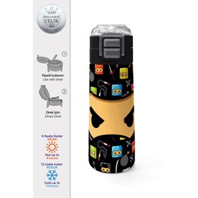 Coral High 500 ml 31919 Kids Siyah Ninja Desenli Pipetli Çelik Termos