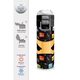 Coral High 500 ml 31919 Kids Siyah Ninja Desenli Pipetli Çelik Termos