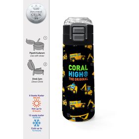 Coral High 500 ml 31920 Kids Siyah Sarı İş Makinesi Desenli Pipetli Çelik Termos