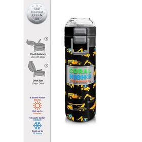 Coral High 500 ml 31920 Kids Siyah Sarı İş Makinesi Desenli Pipetli Çelik Termos