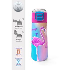 Coral High 500 ml 31921 Kids Lavanta Pembe Flamingo Desenli Pipetli Çelik Termos
