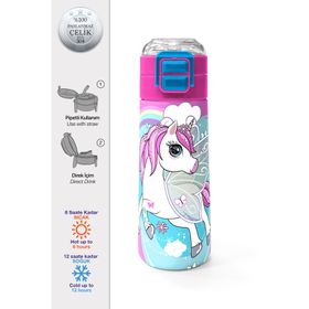 Coral High 500 ml 31925 Kids Mavi Neon Pembe Unicorn Desenli Pipetli Çelik Termos